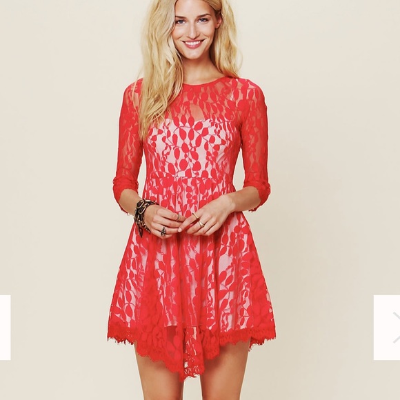 Free People Dresses & Skirts - Free People Red Floral Lace Mesh Dress size 8